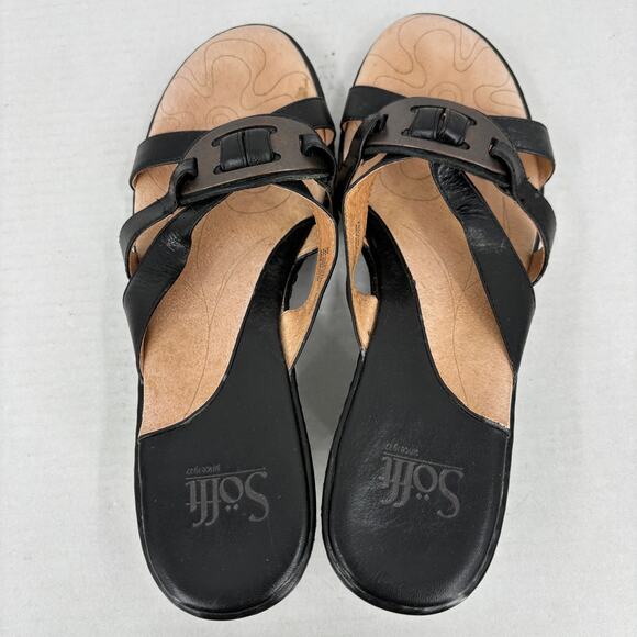 Sofft Heeled Sandals Women's Size 9 Black Leather Slip On Strappy Open Toe - Picture 3 of 9